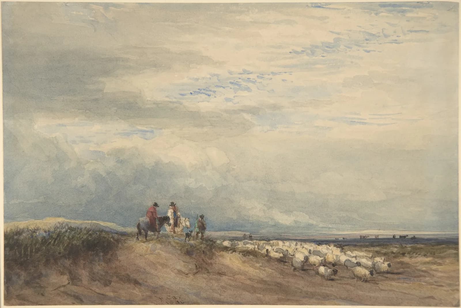 Cultural archive image of “Riders with sheep near an estuary”, catalogued as Drawings, dating to 1830. Medium: Watercolor. Dimensions: sheet: 6 1/8 x 9 3/16 in.