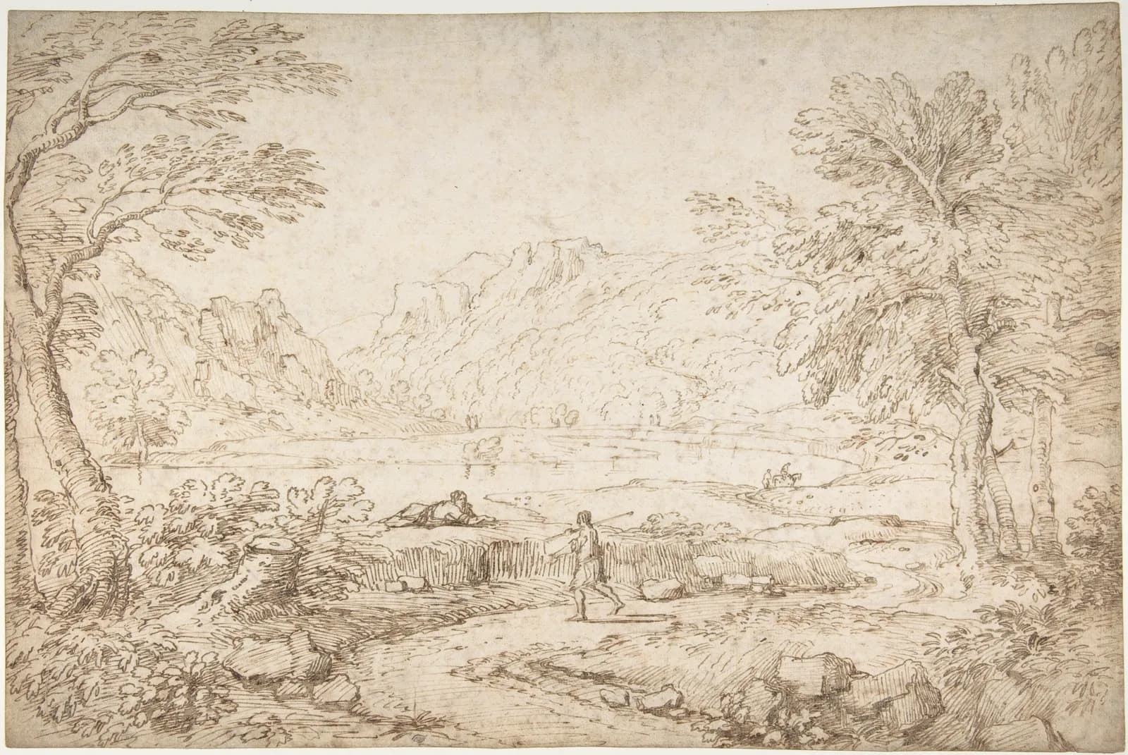Cultural archive image of “River Landscape near Narni”, catalogued as Drawings, dating to 1698–1757. Medium: Pen and brown ink, over traces of black chalk.