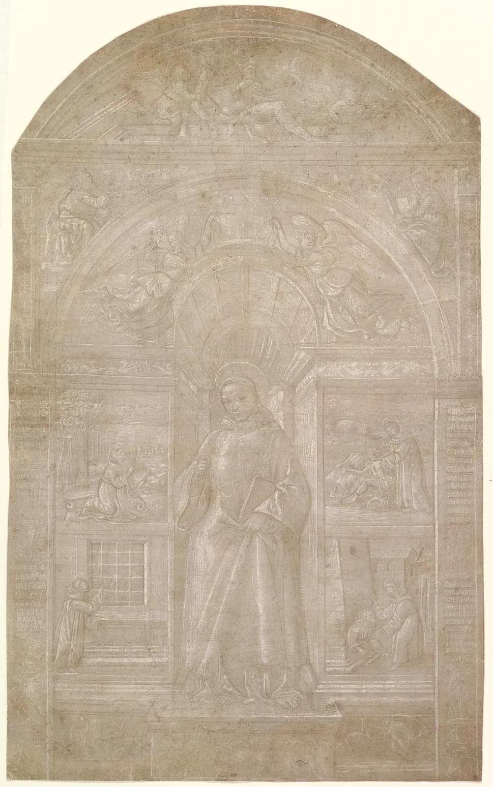 Cultural archive image of “Saint Leonard and Four Episodes from His Life”, catalogued as Drawings, dating to ca. 1500–10. Medium: Metalpoint, brush and pale brown wash, highlighted with cream gouache, over incised compass and ruler…
