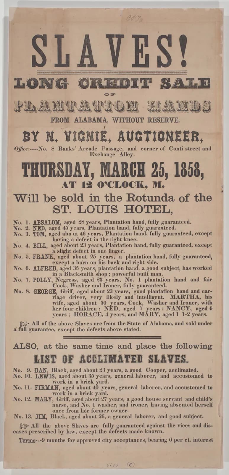 Broadside for a New Orleans auction of 18 enslaved persons from Alabama