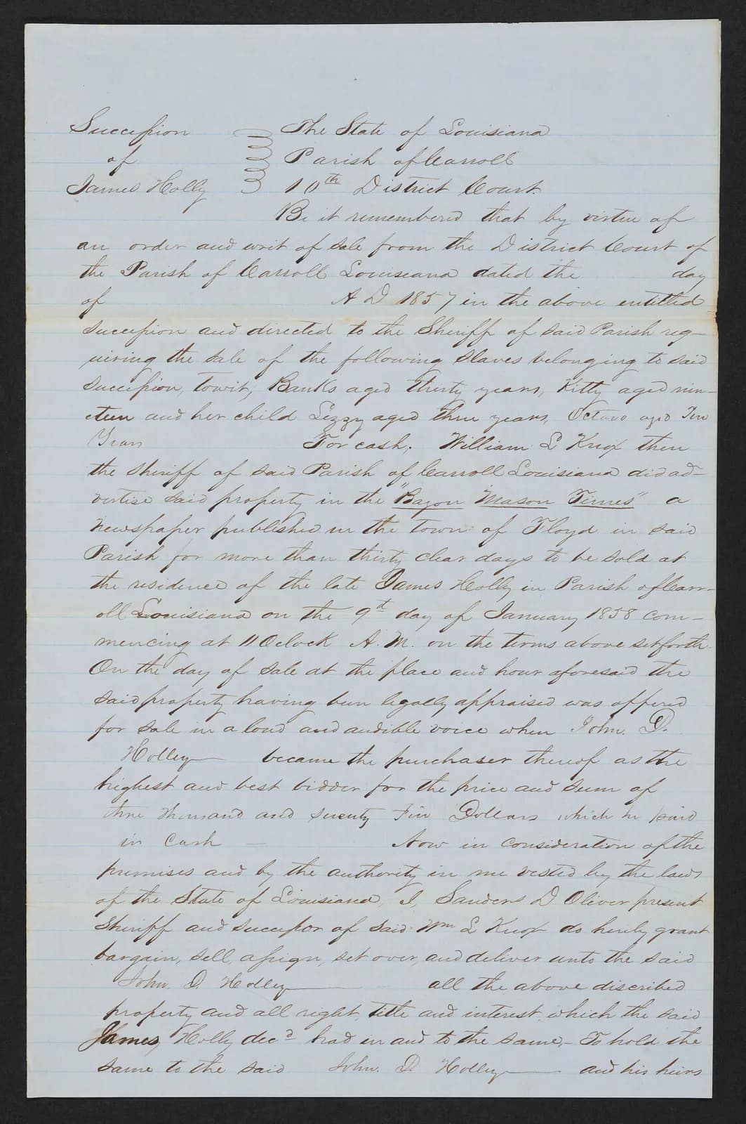 Summary of sheriff's auction of enslaved persons Banks, Kitty, Lizzy, and Octavo