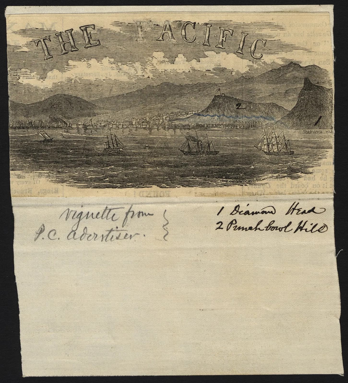 1c Honolulu Harbor source etching from newspaper