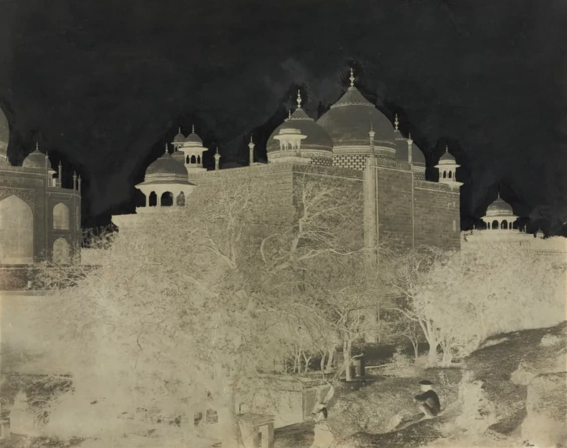 Cultural archive image of “Taj Mahal, Back View of the Rest-House, with Figure”, catalogued as England, 19th century, dating to c. 1858–1862, associated with England, 19th century.
