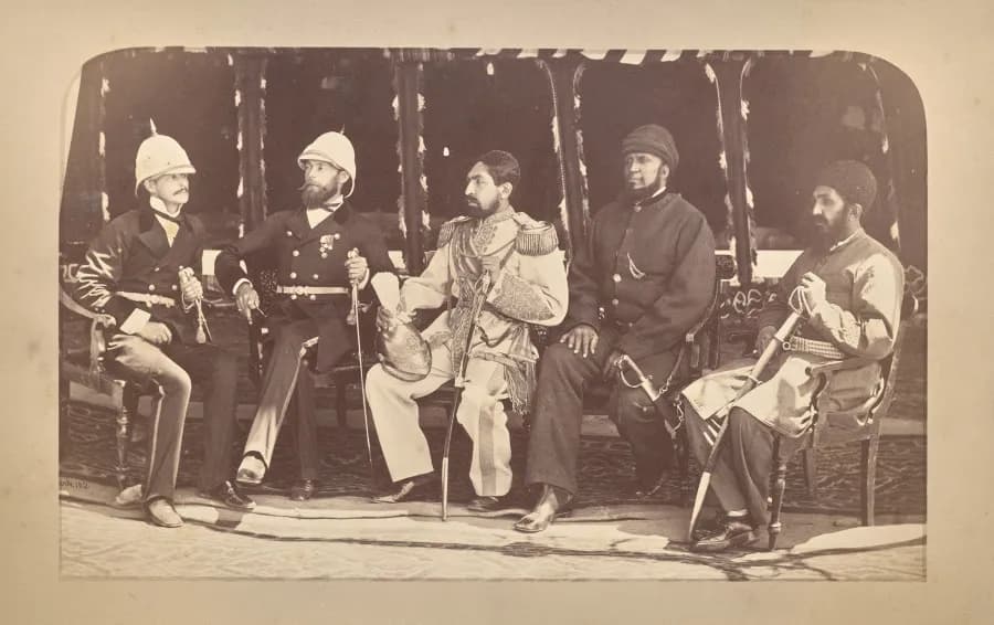 Cultural archive image of “The Amir Yakub Khan, General Daod Shah, Habeebula Moustafi, Major Cavagnari, Mr. Jenkyns”, catalogued as Ireland, dating to 1878–80, associated with Ireland. Afghanistan, February 1880: The Amir Yakub Khan,…