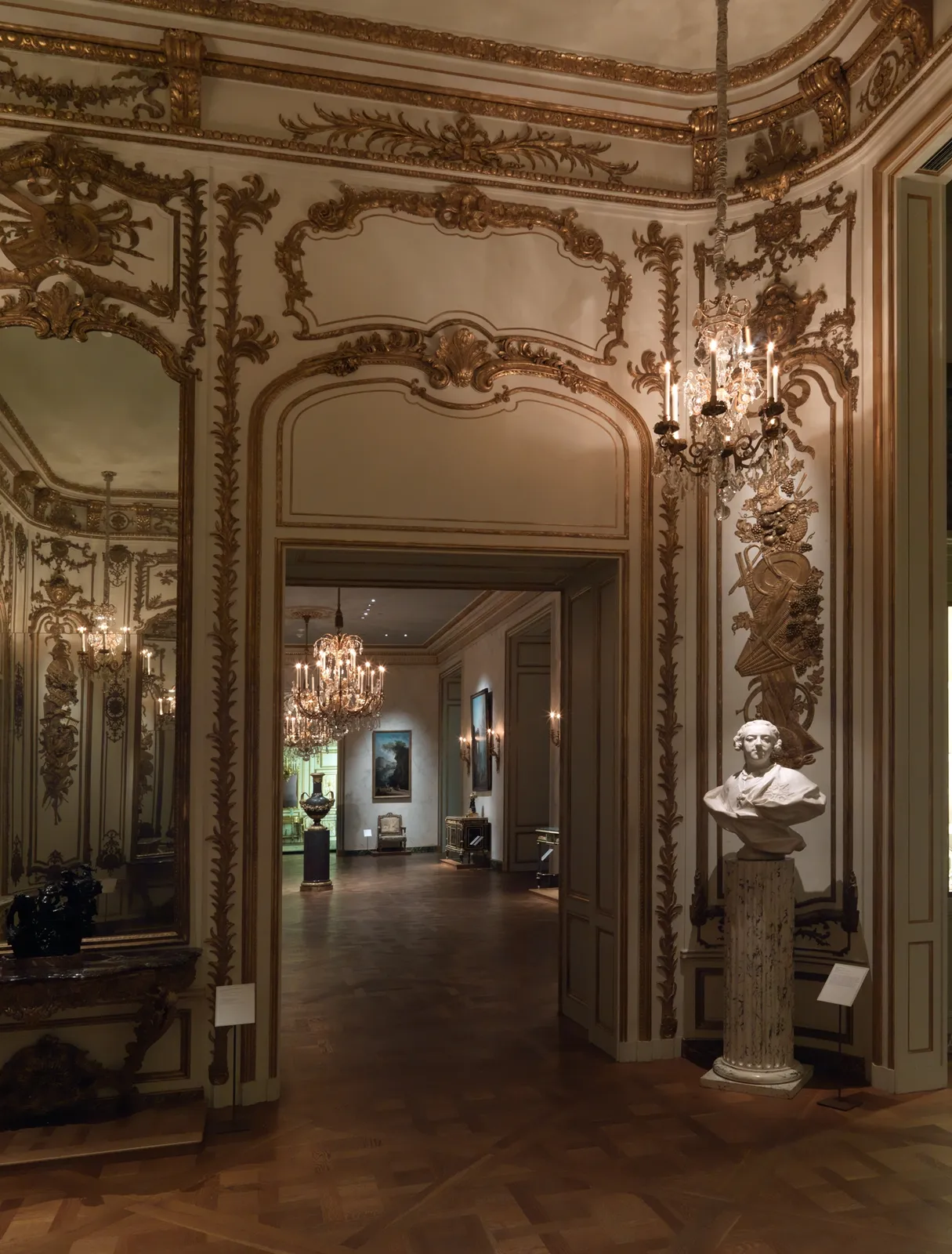 Cultural archive image of “The Louis XV Room”, catalogued as Woodwork, dating to ca. 1720–25, with later additions. Medium: Carved, painted and gilded oak.