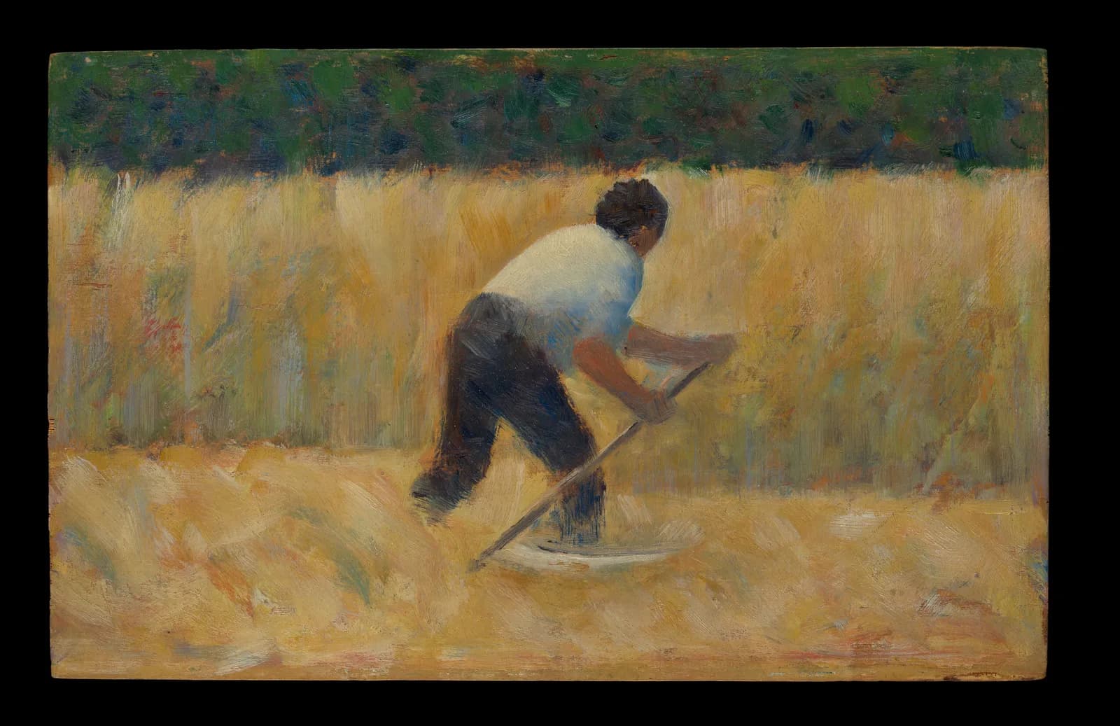 Cultural archive image of “The Mower”, catalogued as Paintings, dating to 1881–82. Medium: Oil on wood. Dimensions: 6 1/2 × 9 7/8 in.