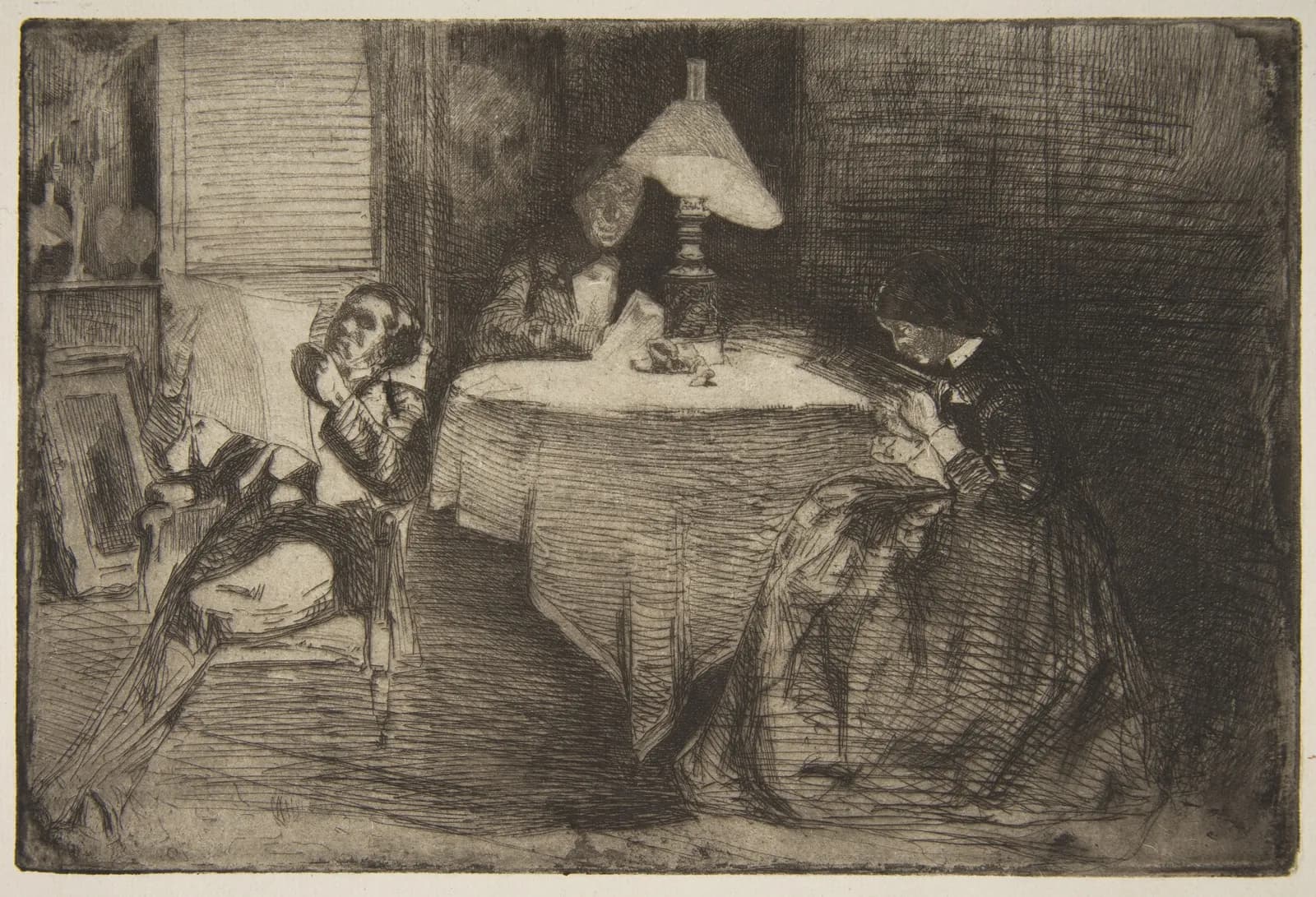 Cultural archive image of “The Music Room”, catalogued as Prints, dating to 1859. Medium: Etching, printed in black ink on fine antique laid paper with a greenish cast; second state of four (Glasgow).