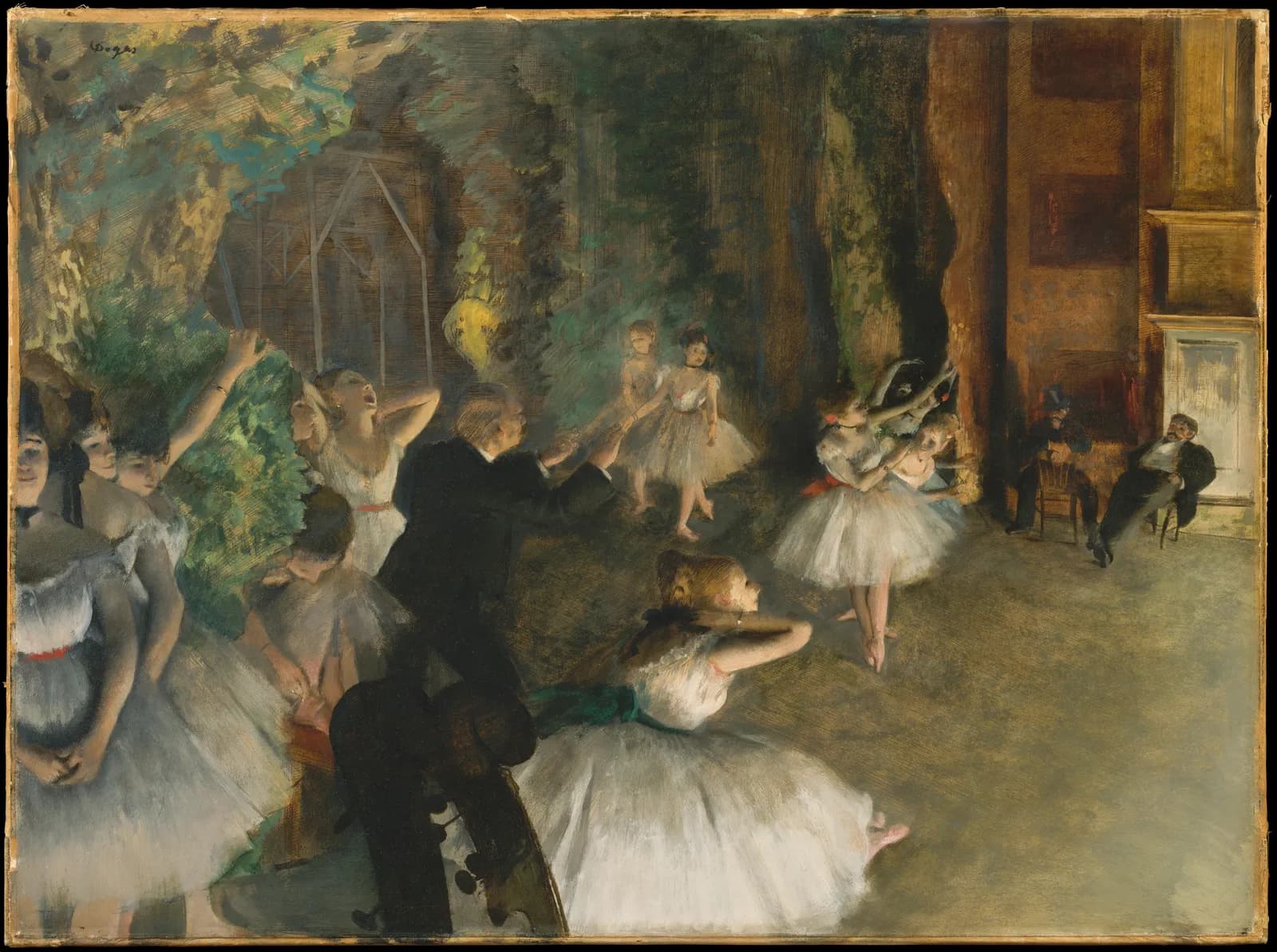 Cultural archive image of “The Rehearsal of the Ballet Onstage”, catalogued as Drawings, dating to ca. 1874. Medium: Oil colors freely mixed with turpentine, with traces of watercolor and pastel over pen-and-ink drawing on cream-colored…