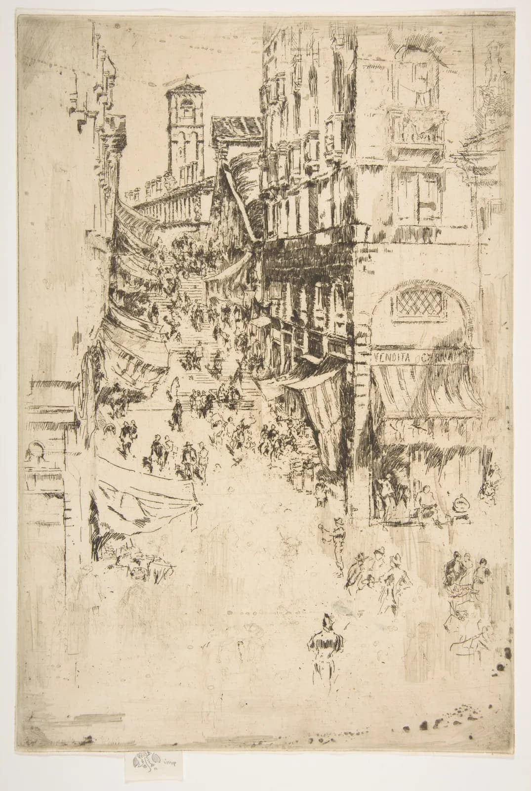 Cultural archive image of “The Rialto”, catalogued as Prints, dating to 1879–80. Medium: Etching and drypoint, printed in black ink on medium weight ivory laid paper; first state of three (Glasgow).