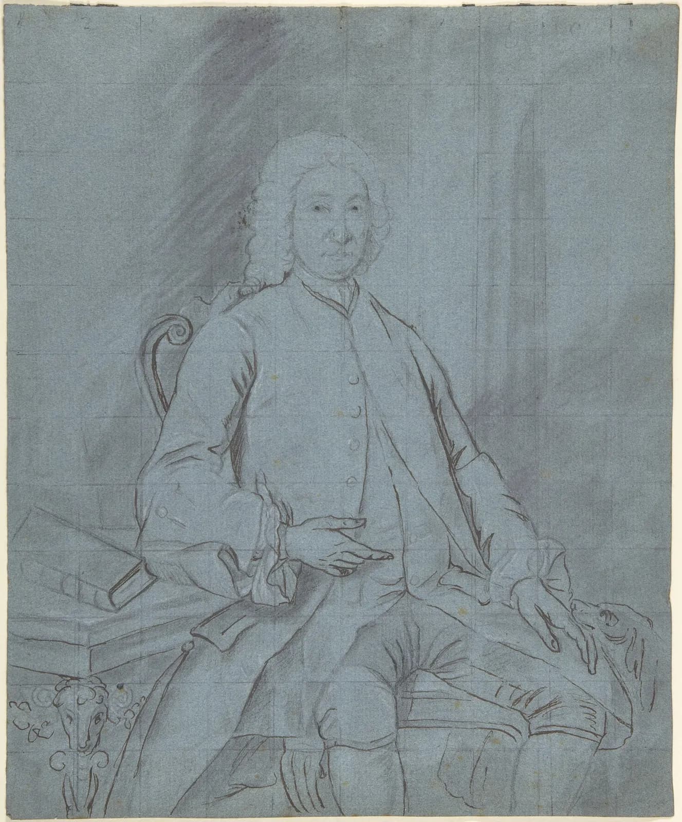 Three-quarter length portrait study of a man seated at a desk with a dog