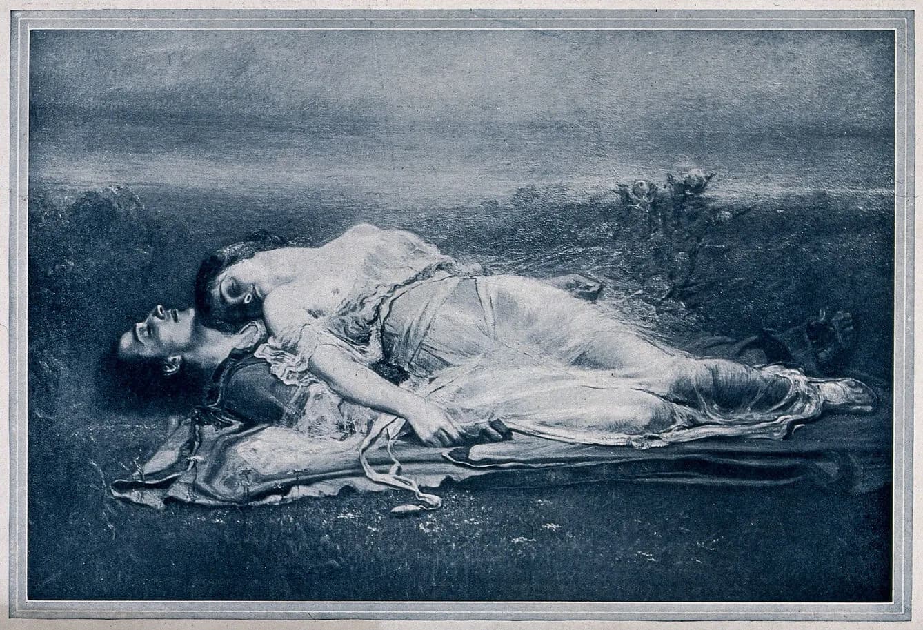 Tristram and Isolde lying dead next to each other. Line block after Roger de Egusquiza, 1911.