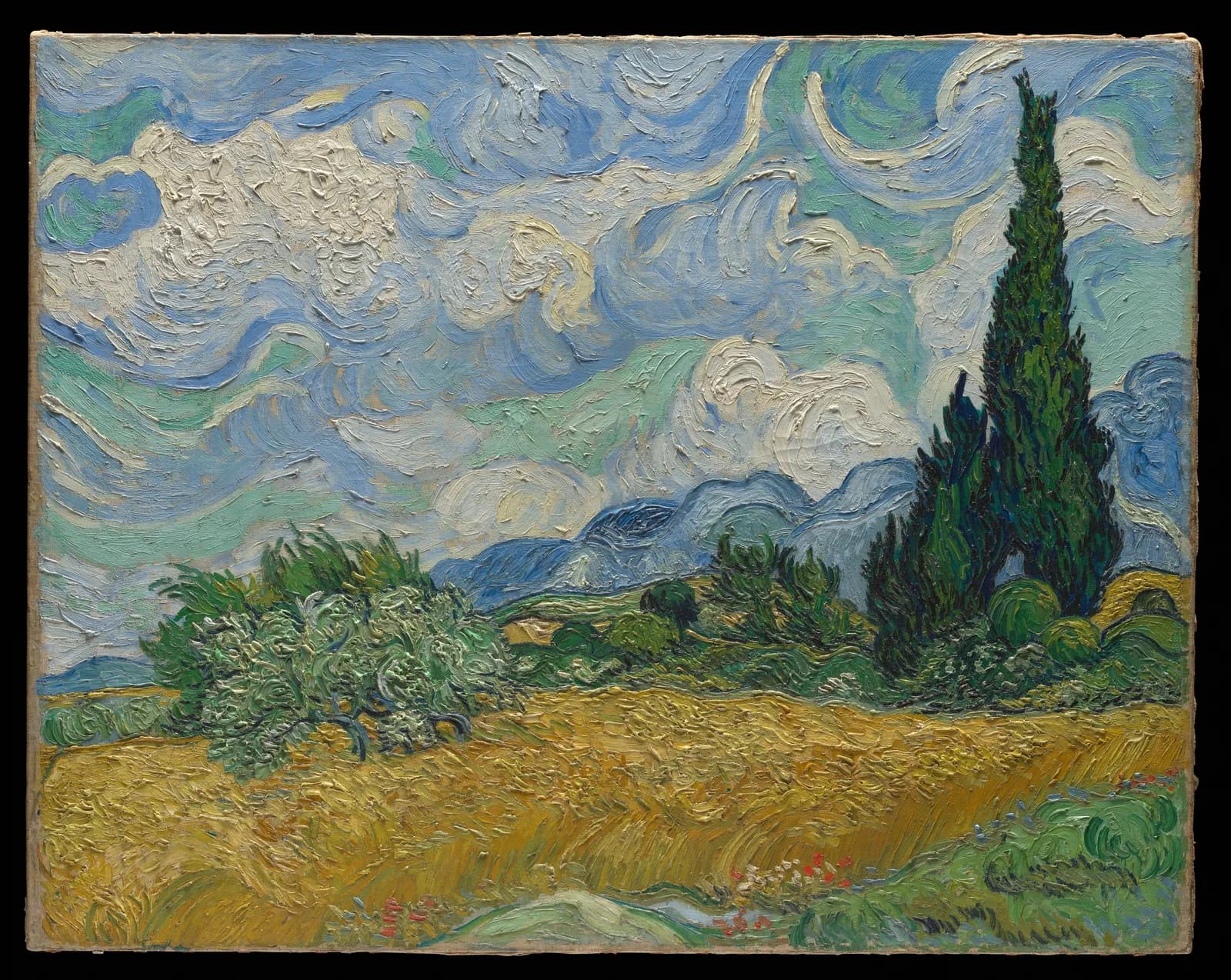 Cultural archive image of “Wheat Field with Cypresses”, catalogued as Paintings, dating to 1889. Medium: Oil on canvas. Dimensions: 28 13/16 × 36 3/4 in.