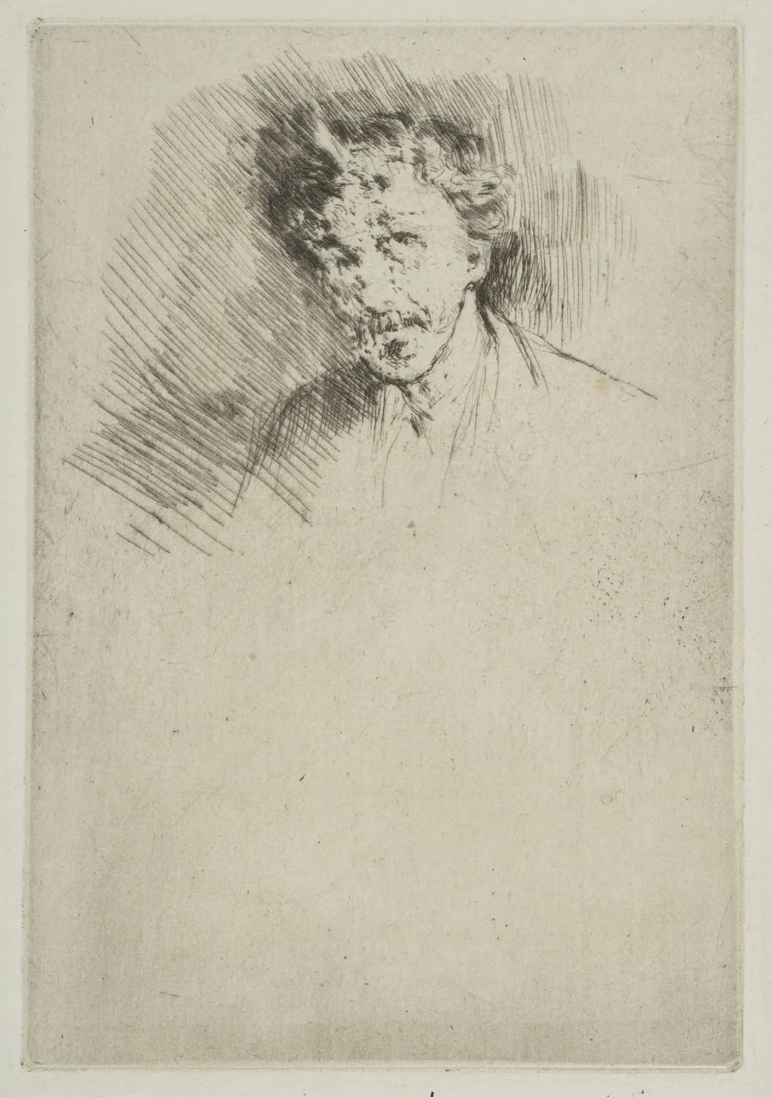 Cultural archive image of “Whistler with the White Lock”, catalogued as Prints, dating to 1879. Medium: Drypoint, printed in black ink on greenish laid paper; only state (Glasgow).