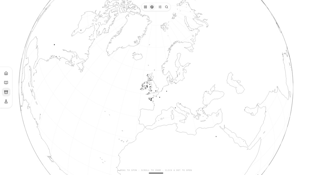 The archive globe, with entries plotted across the world