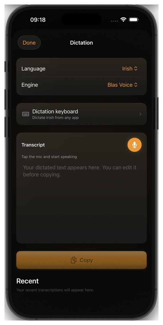 Irish dictation in the app, with language set to Irish and engine set to Blas Voice