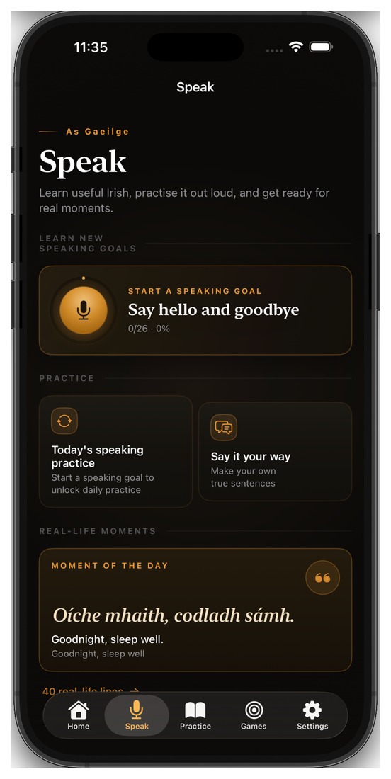 The Speak tab: start a speaking goal, daily practice, and a moment of the day